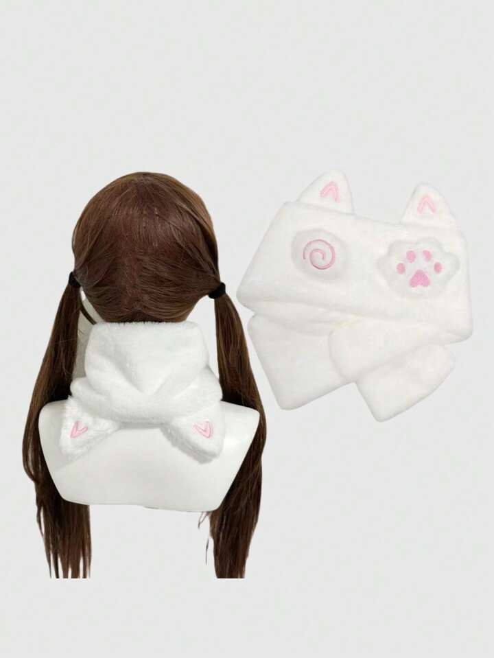 1pc Cute Kawaii Soft Plush Cat Ear Fashion Simple White Scarf, Suitable For Anime, Campus, Casual Wear