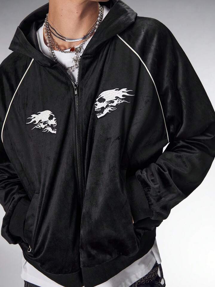 Grunge Punk Men's Skull Print Zip-Up Hoodie Sweatshirt, Autumn
