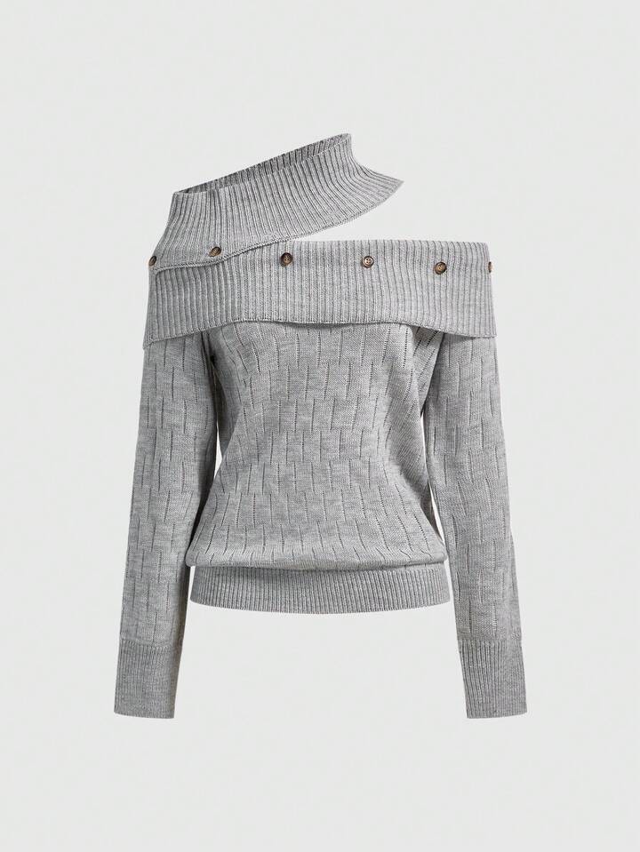 Goth Y2K Sexy Ribbed Knit Turtleneck Grey Off-Shoulder Multi-Button Knit Sweater