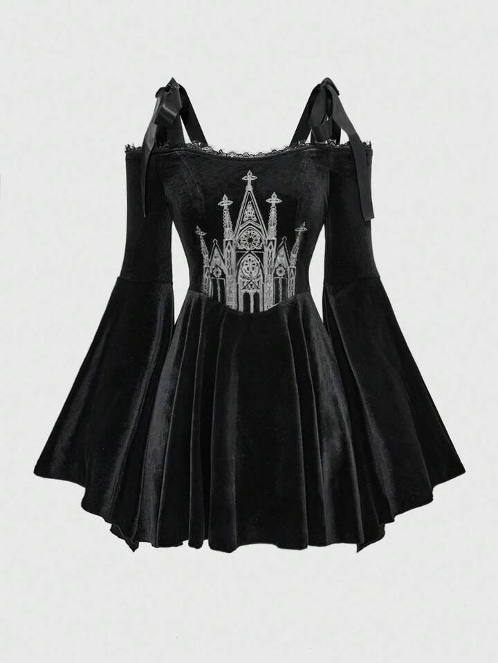 Gothic Castle Cross Embroidery Square Neck Lace Trim Splice Black Lace-Up Off Shoulder Flare Sleeve A-Line Dress For Women