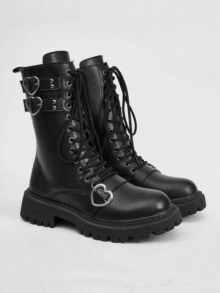 2025 Women's Lace-Up Mid-Calf Boots, Kawaii School Style Side Zipper Heart Decor, Black Fashion Boots For Spring/Autumn