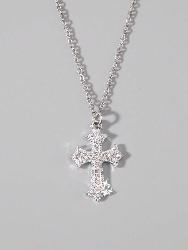 1pc Gothic Luxury Cross Pendant Necklace With Rhinestones, Holiday Party Gift, Halloween