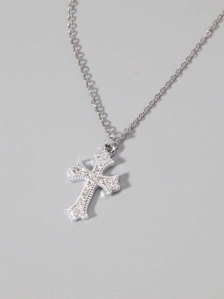 1pc Gothic Luxury Cross Pendant Necklace With Rhinestones, Holiday Party Gift, Halloween