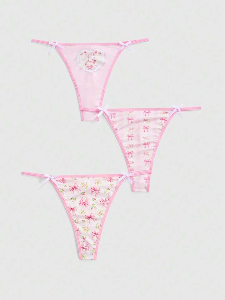 3pcs/Set Kawaii Bow, Floral, Rabbit & Cherry Printed Bow Women's Himekaji G-String Panties