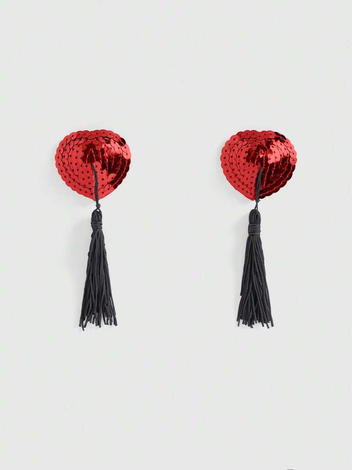ROMWE Avant Women's Sequin Heart Tassel Nipple Pasties/Pair, Suitable For Parties And Dances, For Valentine's Day