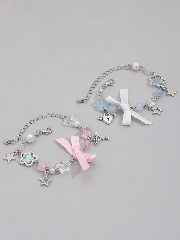 Kawaii 2pcs Fashionable & Cute Star Shaped Pearl & Crystal Decor Keychain & Bracelet Set, Gift For Friends & Couples 3 Kawaii 2pcs Fashionable & Cute Star Shaped Pearl & Crystal Decor Keychain & Bracelet Set, Gift For Friends & Couples