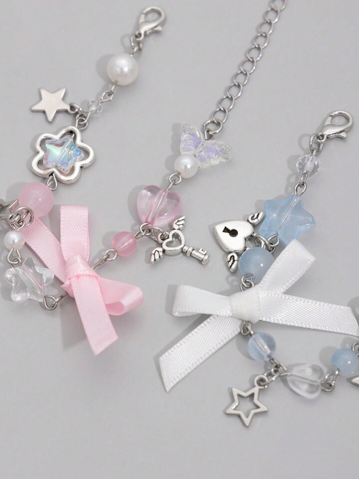 Kawaii 2pcs Fashionable & Cute Star Shaped Pearl & Crystal Decor Keychain & Bracelet Set, Gift For Friends & Couples 4 Kawaii 2pcs Fashionable & Cute Star Shaped Pearl & Crystal Decor Keychain & Bracelet Set, Gift For Friends & Couples