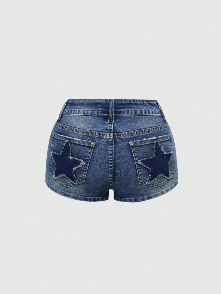 Grunge Punk Summer Vintage Y2K Baddie Star Embroidery Ombre Women Low-Waist Distressed Denim Mini Shorts