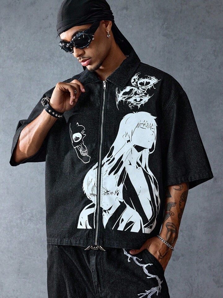 Anime Men's Denim Cartoon Character Print Zip-Up Casual Denim Jacket
