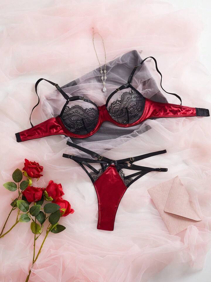 Goth French Romantic Design, Christmas Edition Sheer Mesh Patchwork Burgundy Sexy Lingerie Set, Women's Bra And Seductive Thong, Suitable For Date Night And Romantic Getaway, Sexy Gift Idea, For Valentine's Day