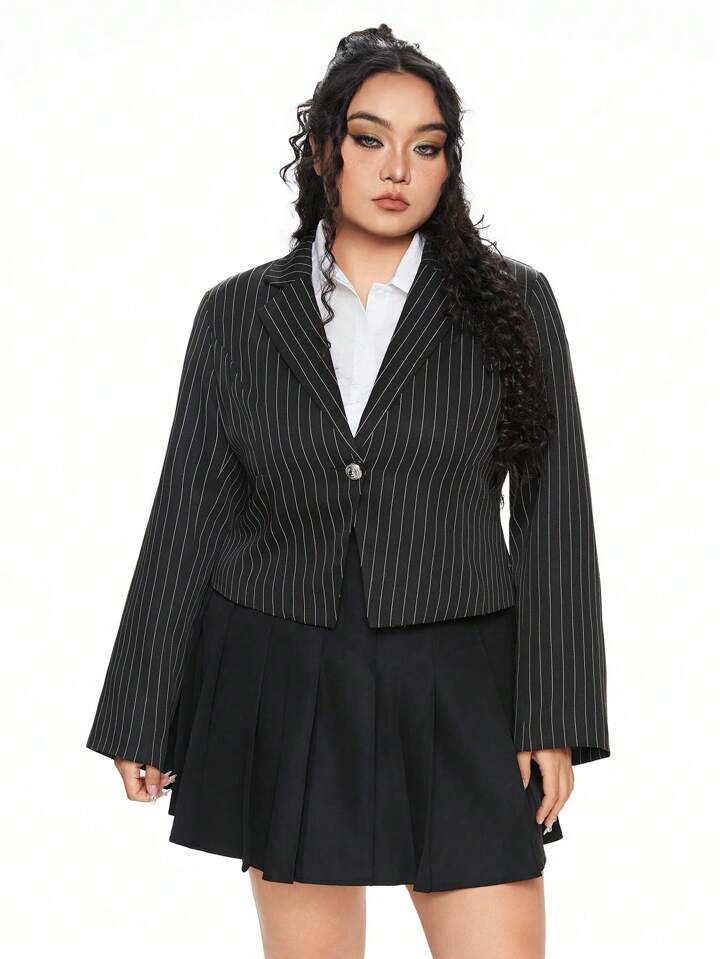 Plus Size Vintage Striped Cinched Waist Long Sleeve Blazer