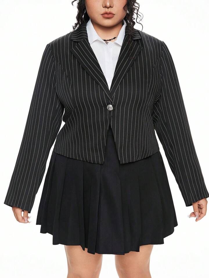 Plus Size Vintage Striped Cinched Waist Long Sleeve Blazer