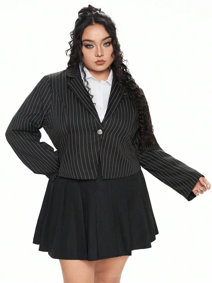 Plus Size Vintage Striped Cinched Waist Long Sleeve Blazer