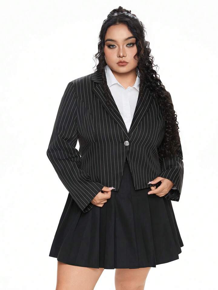 Plus Size Vintage Striped Cinched Waist Long Sleeve Blazer