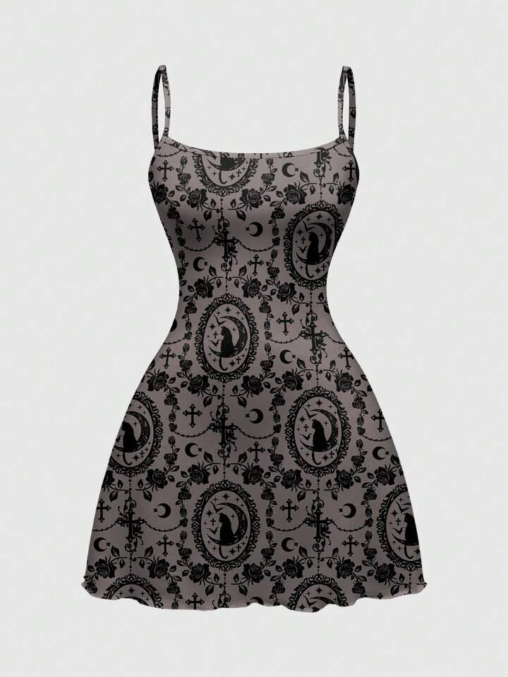 Gothic Cat Palace Rose Cross Sun Moon Star All-Over Print Mini Dress For Women