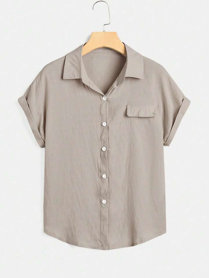Women's Light Khaki Batwing Short Sleeve Casual Loose Shirt, School