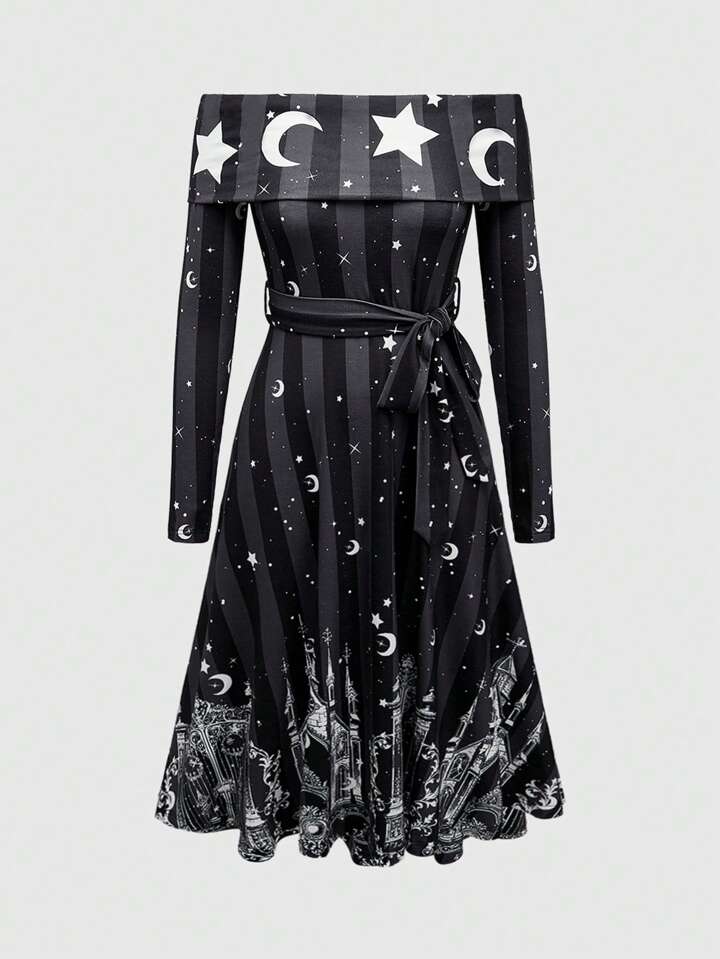 Grunge Punk Women Off Shoulder Long Sleeve All-Over Print Tie-Up Casual Mini Dress