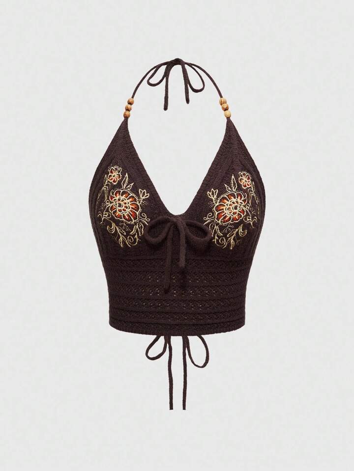 Fairycore Botanical Embroidered Floral Tie Bow Sleeveless Plunging Neck Sexy Beige Knit Vacation Beach Halter Top For Women