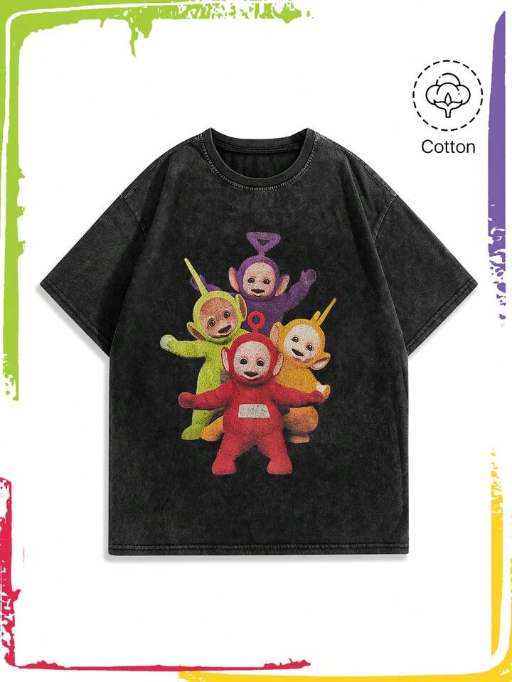 Teletubbies X ROMWE Women's Cartoon Pattern Distressed Loose Short Sleeve T-Shirt