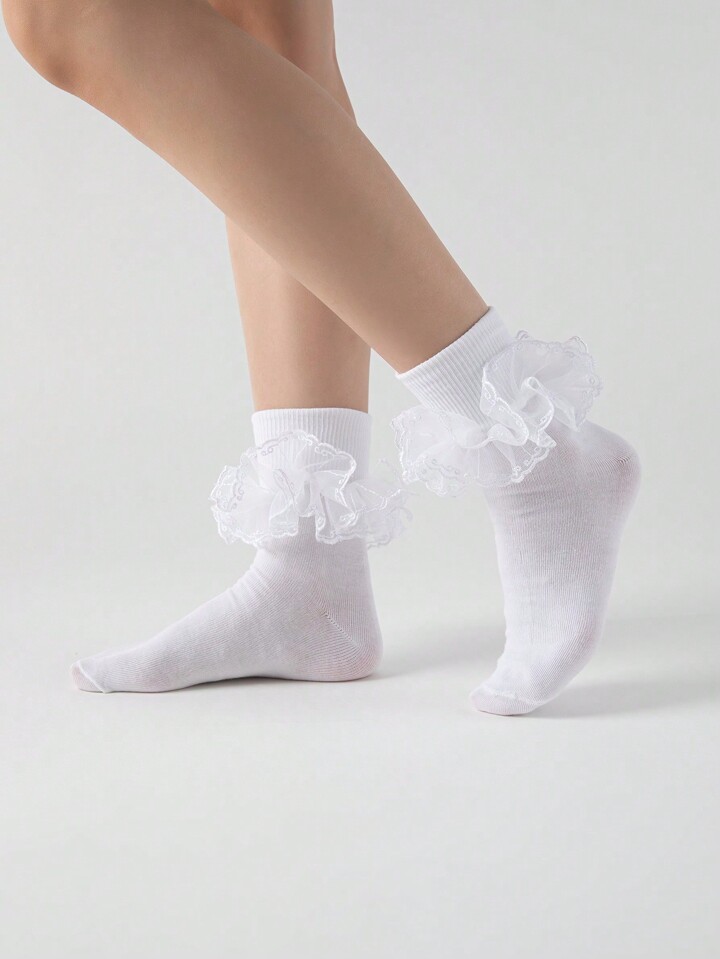 Kawaii Women's 3D Floral Trim Cute Crew Socks