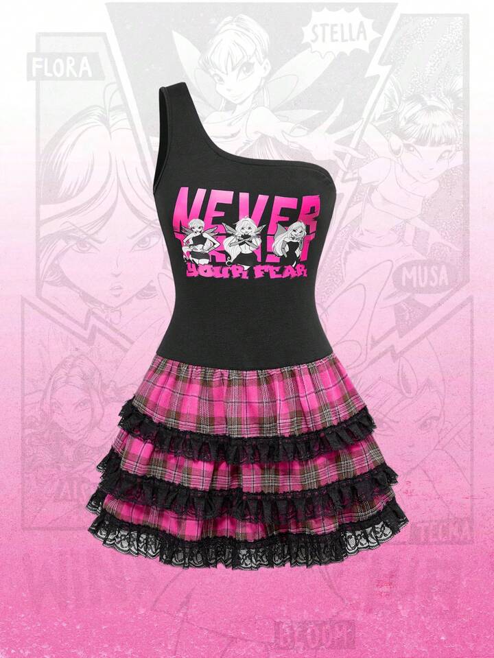 Winx Club X ROMWE Women's One Shoulder Plaid Contrast Lace Mini Dress