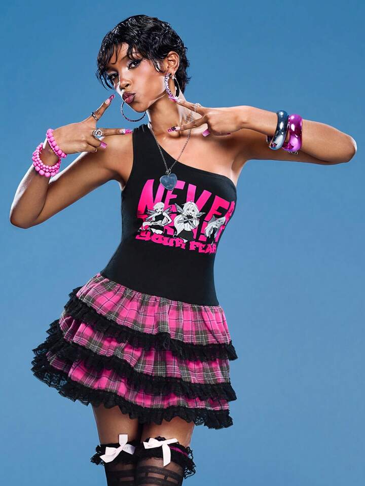 Winx Club X ROMWE Women's One Shoulder Plaid Contrast Lace Mini Dress