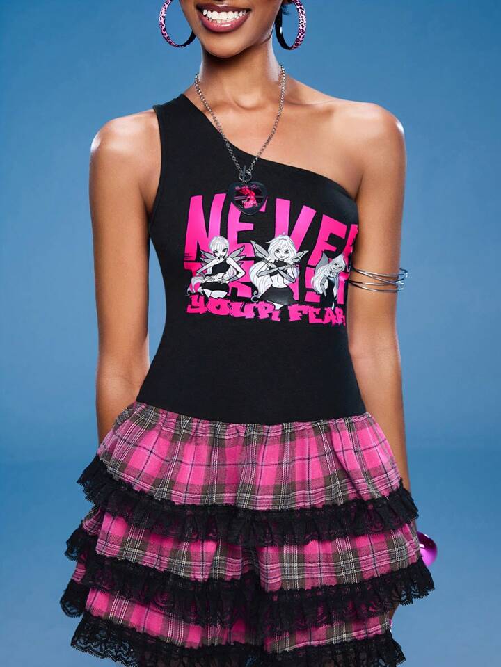 Winx Club X ROMWE Women's One Shoulder Plaid Contrast Lace Mini Dress