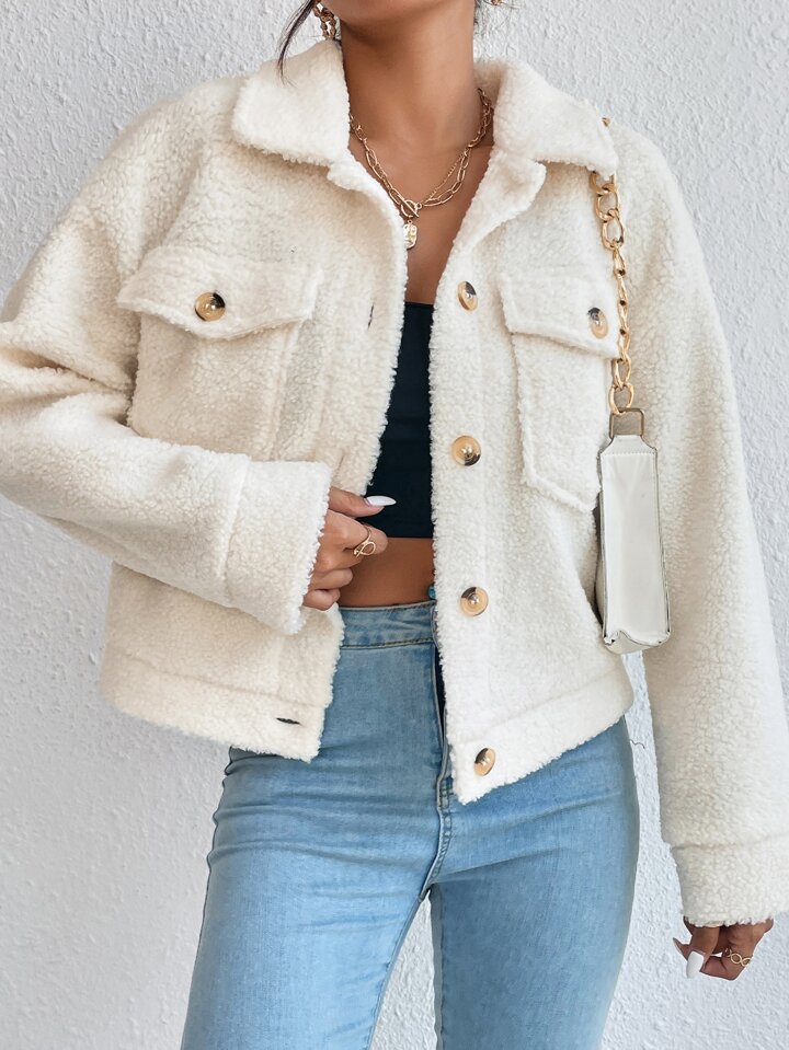 Button Front Flap Pocket Drop Shoulder Teddy Jacket Fall Winter Cloth For Women