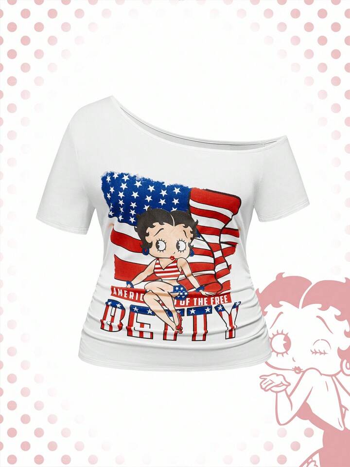Betty Boop | ROMWE Plus Size Summer Casual American Flag & Cartoon Graphic Asymmetric Shoulder Fitted T-Shirt