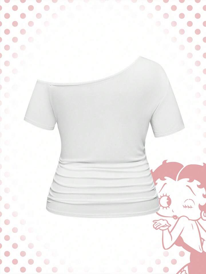 Betty Boop | ROMWE Plus Size Summer Casual American Flag & Cartoon Graphic Asymmetric Shoulder Fitted T-Shirt 2 Betty Boop | ROMWE Plus Size Summer Casual American Flag & Cartoon Graphic Asymmetric Shoulder Fitted T-Shirt