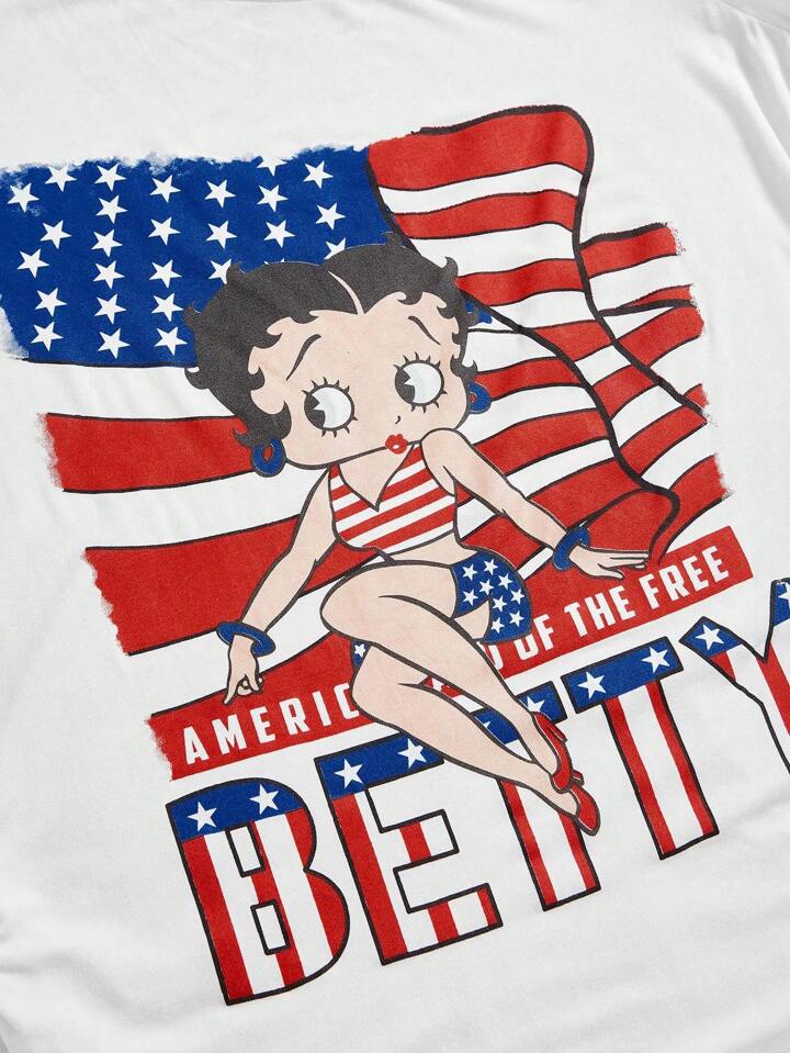Betty Boop | ROMWE Plus Size Summer Casual American Flag & Cartoon Graphic Asymmetric Shoulder Fitted T-Shirt 3 Betty Boop | ROMWE Plus Size Summer Casual American Flag & Cartoon Graphic Asymmetric Shoulder Fitted T-Shirt