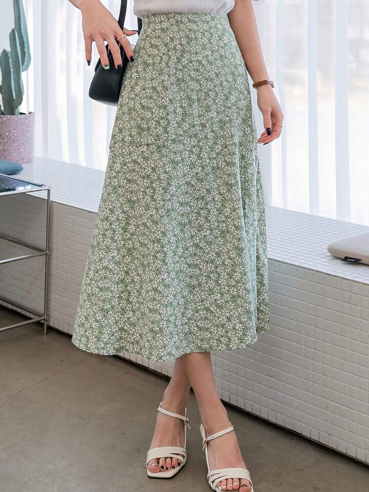 Allover Floral Print Split Thigh Skirt Fall Vacation Outfits Women