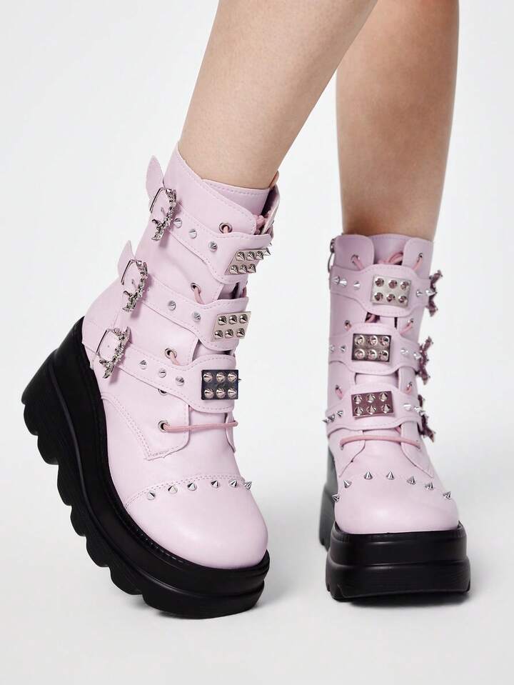 Grunge Punk 2025 New Fashion Thick Sole Punk Dark PU Leather Boots, Thin Gothic Short Boots For Women, Autumn/Winter Valentine's Day