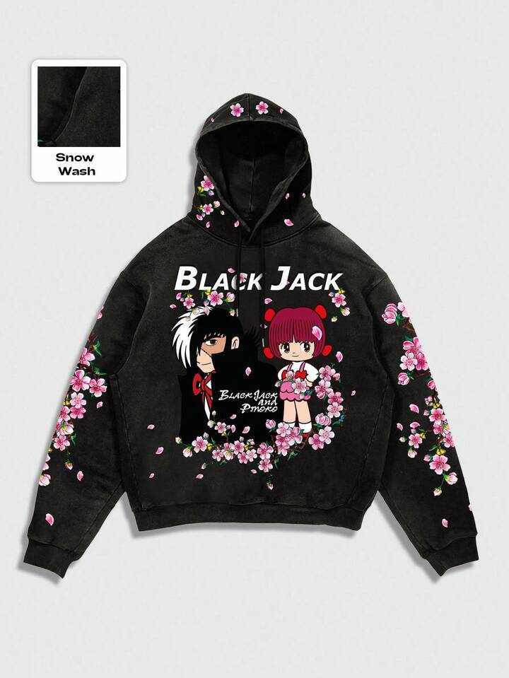 Black Jack X ROMWE Men's Black Cartoon Figure Graphic Hoodie, Suitable For Everyday Wear, Fall