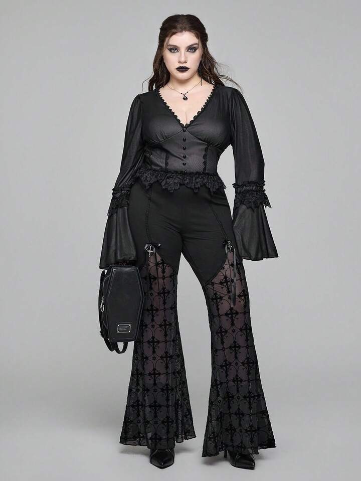 EDITION Plus Size Gothic Cross Lace Sheer Flare Pants