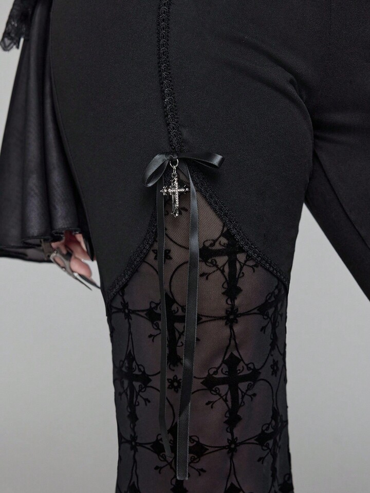EDITION Plus Size Gothic Cross Lace Sheer Flare Pants