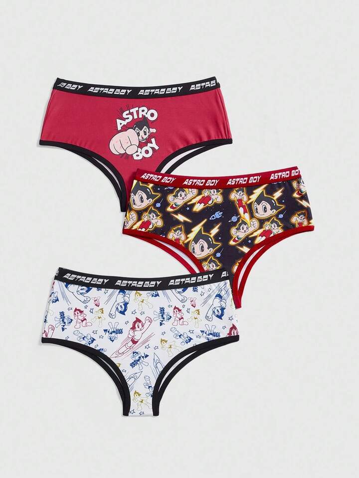 Astro Boy X ROMWE 3pcs Women's Funny Cartoon Pattern & Letter Jacquard Briefs