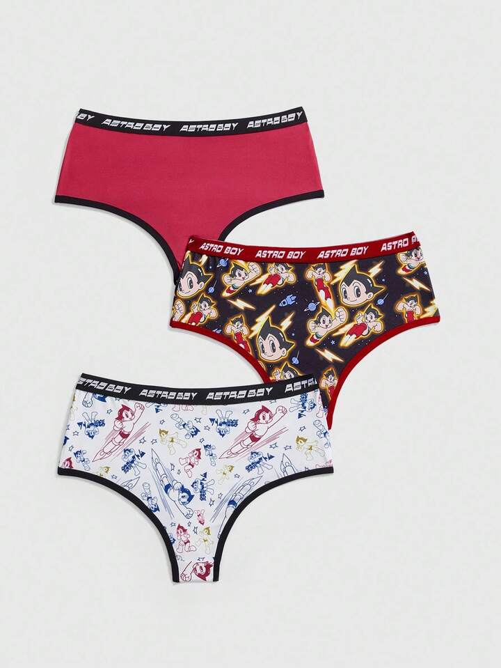 Astro Boy X ROMWE 3pcs Women's Funny Cartoon Pattern & Letter Jacquard Briefs