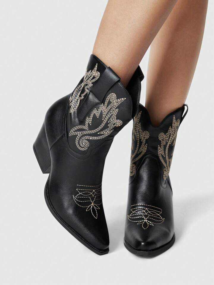 Fairycore Women's Pointed Toe Chunky Heel Symmetrical Embroidered Western Boots, Cowboy Boots, New Autumn/Winter Leather Slip-On Ankle Boots & Short Boots, Cowgirl Boots For Christmas