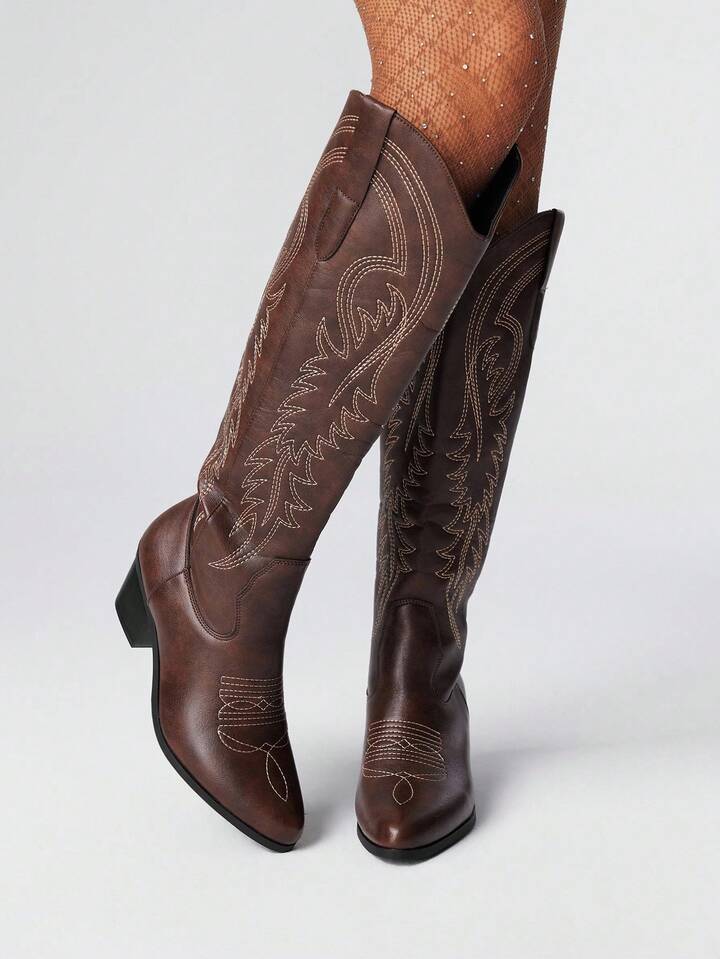 Fairycore Women's 2025 Spring Autumn New Nature-Inspired Coffee Brown Embroidery Western Boot, Outdoor Fashion Slip-On Knee-High Boots For Christmas