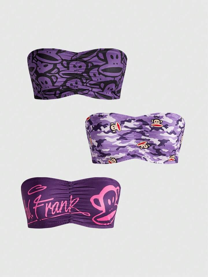 Paul Frank X ROMWE 3pcs Monkey Print Pleated Front Bandeau Bras