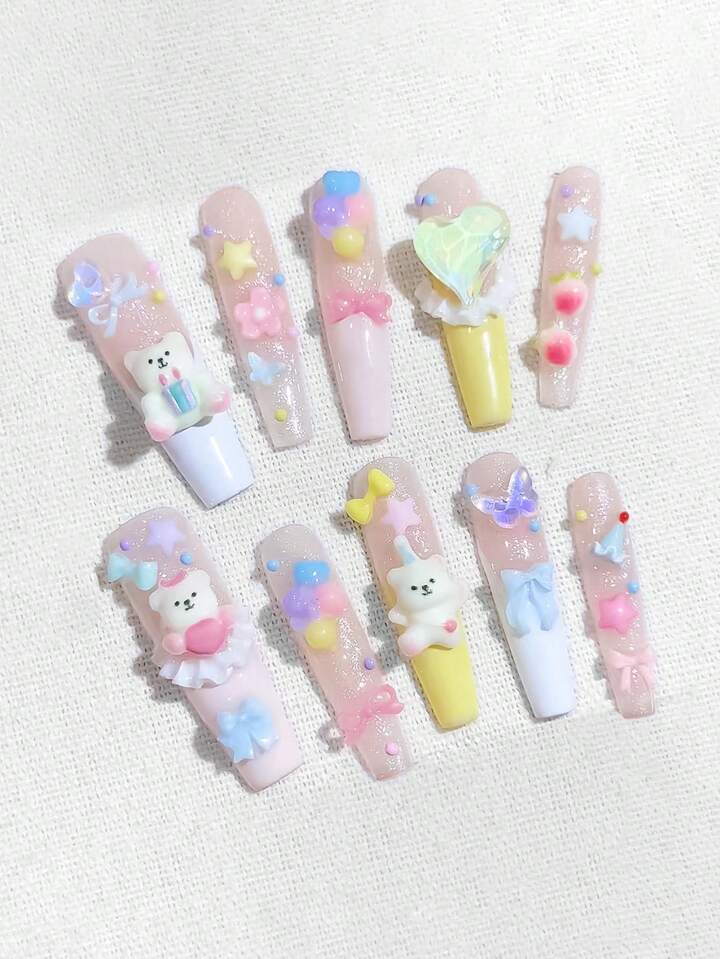 Anime 10pcs Y2K Cute Heart, Star, Bow, Wing Nail Art Stickers With Tape