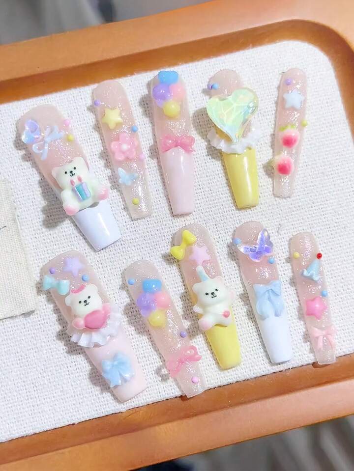Anime 10pcs Y2K Cute Heart, Star, Bow, Wing Nail Art Stickers With Tape