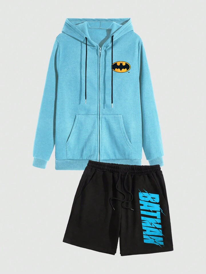 Batman X ROMWE Men's Casual Cartoon Character Print Zip-Up Hooded Sweatshirt And Drawstring Waist Shorts Set