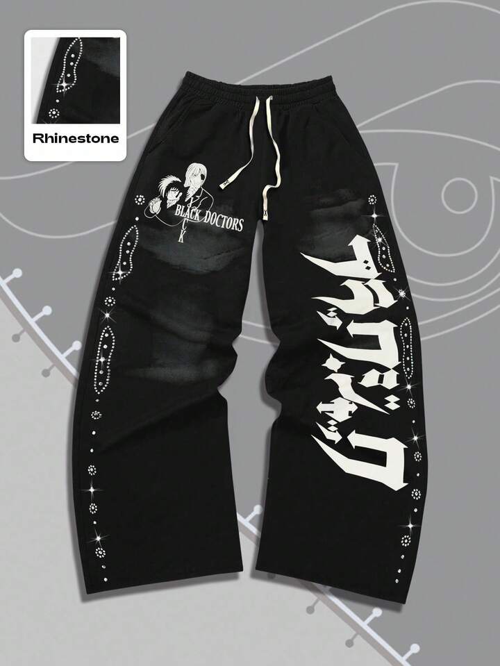 Black Jack X ROMWE Men Cartoon Figure Graphic Rhinestone Print Straight Leg Sweatpants