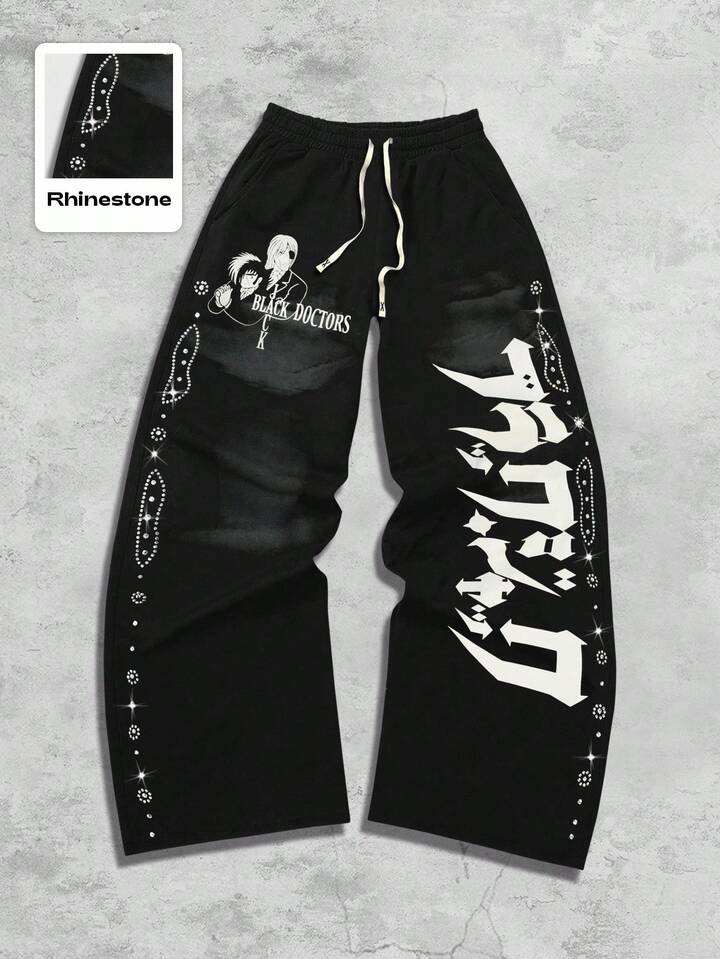 Black Jack X ROMWE Men Cartoon Figure Graphic Rhinestone Print Straight Leg Sweatpants