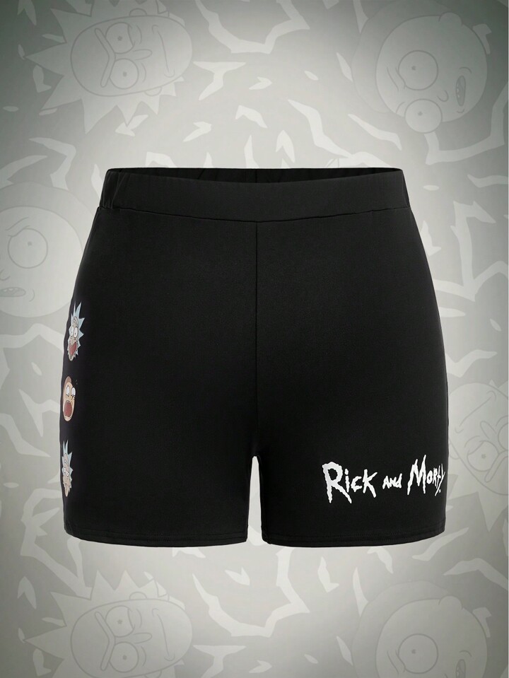 Rick and Morty | ROMWE Plus Summer Cartoon And Letter Graphic Biker Shorts, School