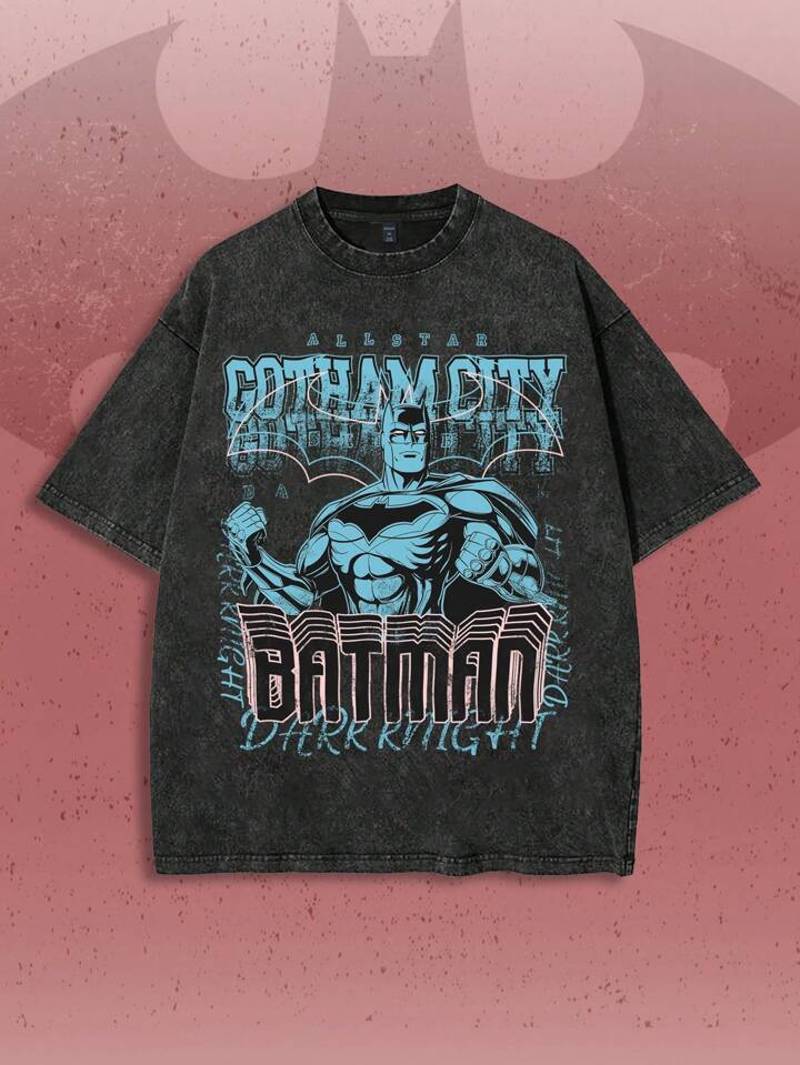 Batman X ROMWE Vintage Letter & Portrait Print Wash Short Sleeve T-Shirt