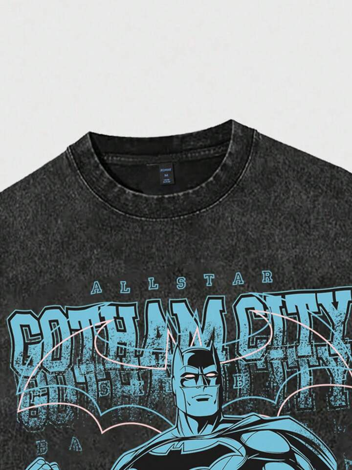 Batman X ROMWE Vintage Letter & Portrait Print Wash Short Sleeve T-Shirt