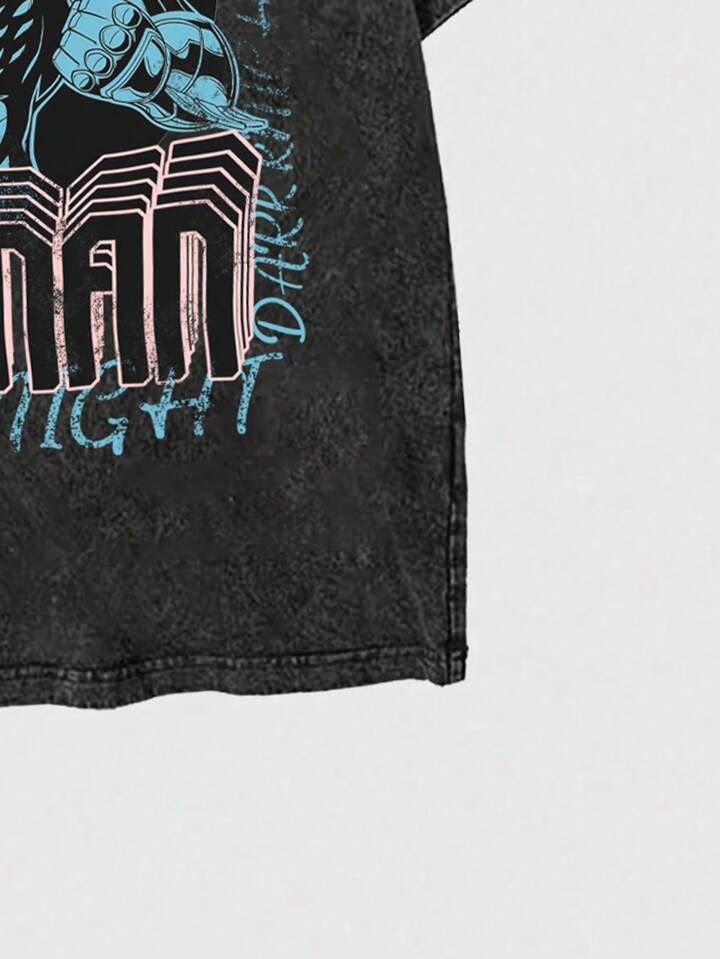 Batman X ROMWE Vintage Letter & Portrait Print Wash Short Sleeve T-Shirt